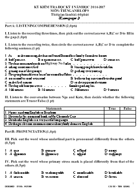 Đề kiểm tra số 2 học kì I môn Tiếng anh lớp 9 - Năm học 2016-2017